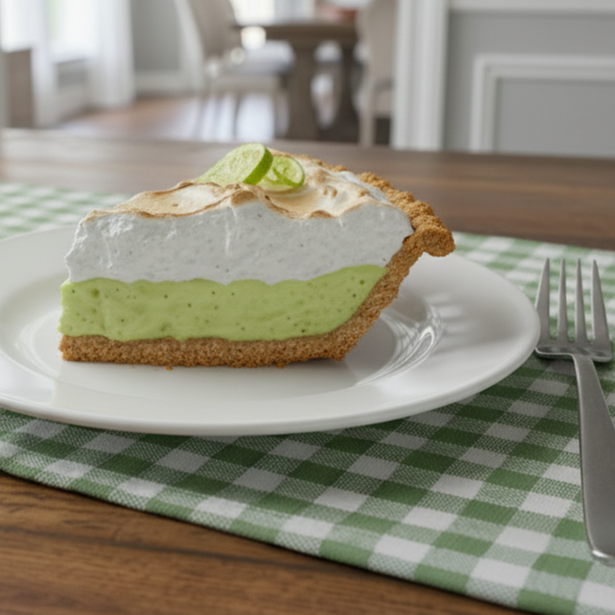 Slice of Key Lime Pie on a plate on a table with a fork and a green and white gingham napkin